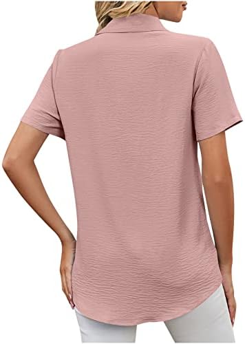 Women'sенски 2023 летно трендовски копче нагоре кошули со кратки ракави блузи V вратите Обични туники цврсти врвови во боја