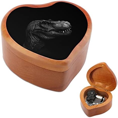 T- Rex диносаурус на темна дрвена музичка кутија со форма на срцева форма на музички кутии гроздобер дрво кутија за подарок