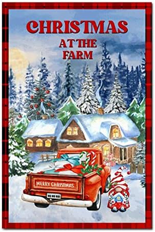 Гном црвен камион дрво знак Божиќ на фармата зимска снежна сцена Дрвена знак Божиќна забава резерви рустикална фарма куќа украси новини за пријатели семејство 12x8in