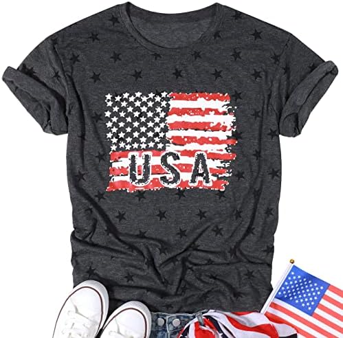 Womenенска американска кошула со знаме на 4-ти јули во јули маица маица Патриотски starsвезди ленти со кратки ракави за кратки ракави врвови