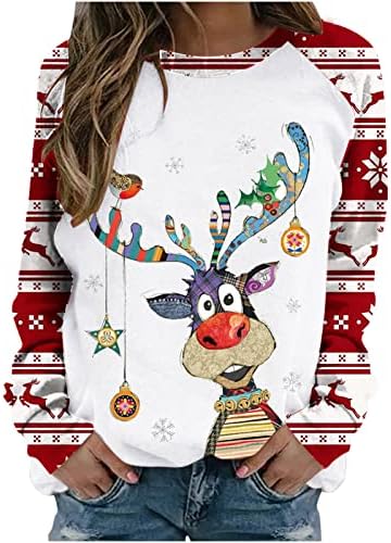 Christmasенски Божиќни врвови Симпатична печатење со ирваси со долги ракави, маичка со лебава лабава екипаж без качулка