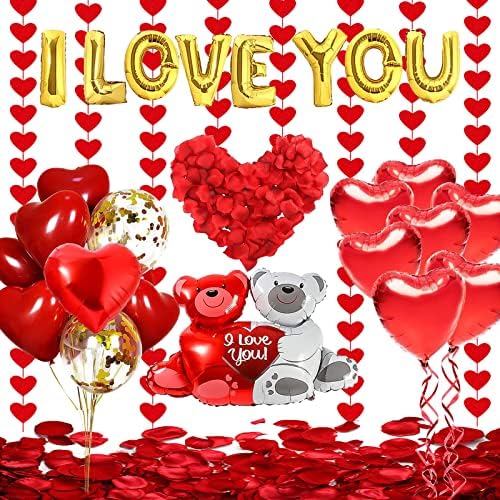Годишнина Украси, Те Сакам Балони И Срцеви Балони Комплет Со 1000 парчиња Вештачки Ливчиња Од Роза и 4 пакувања Црвена Срцева Венец За Денот