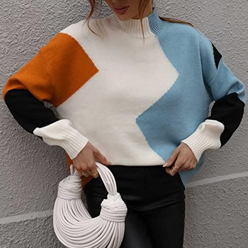 Women'sенски плетен џемпер од 2022 година преголем блок во боја плетен пулвер, пријатна скокачка скокач, паѓаат долги ракави блузи