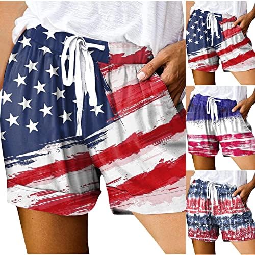 Womenените спортски шорцеви Американски знаме за печатење на знамето, плус големина хавајска плажа, обични пливање табла за пливање, потпетица