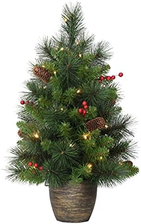 Puleo International Pre-Lit 2 'Табела Врвна вештачка новогодишна елка со 35 светла во златна основа, зелена