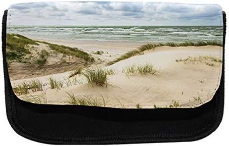 Зачудувачки случај со молив на плажа, брановидно балтичко море ветровито ден, торба со молив со ткаенини со двоен патент, 8,5 x 5,5, крем сина