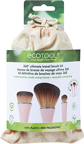 Екотулс 360 Крајна Компактна Четка За Шминка Од Коноп Со + Торба за Патување за Шминка, Комплет од 3 Четки