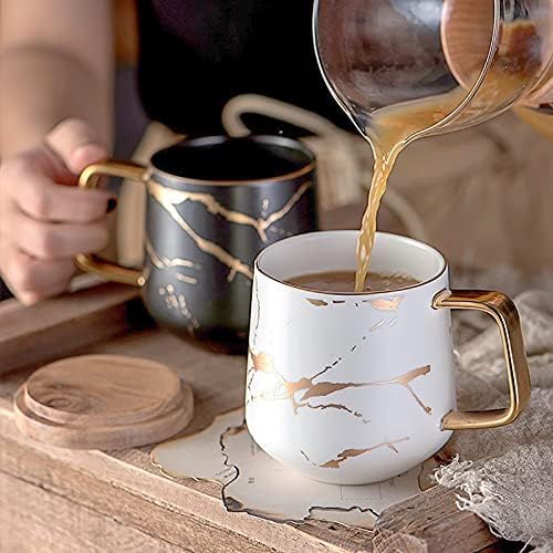 Керамичко кафе со керамичко кафе со дрвена капак 14,5 мл чај чаша луксузна златна инлеј мермер мермер чаши со кафе со капаче за чаша