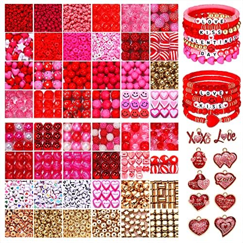 2500 ПАРЧИЊА+ Монистра За Денот на Вљубените За Изработка На Накит, Розови Црвени Полимерни Глинени Монистра, Избрани Бисерни Кристални Срцеви Монистра За Разделува?