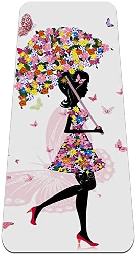 Сибзе цветна девојка со чадор за цвеќиња со цвеќиња, пеперутки розови премија густа јога мат еко пријателска гума за здравје и фитнес не лизгачки душек за сите видо