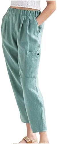 Женски памучни постелнини панталони лето високо истегнување на половината широка нога лабава капри, пантолони, потресени обични