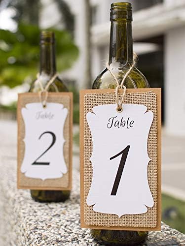 Летниот зрачен рачно изработен број на табелата со бело-бурлап-крафт троен слој вино шише со шише Број обеси ознаки за рустикални свадби