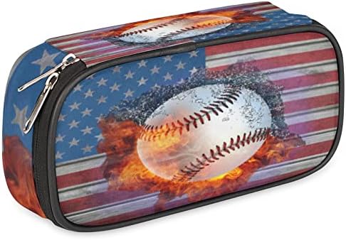 Сина бејзбол кутија со молив со голем капацитет, бејзбол Национално знаме водоотпорна трајна торбичка со молив со патенти студенти за