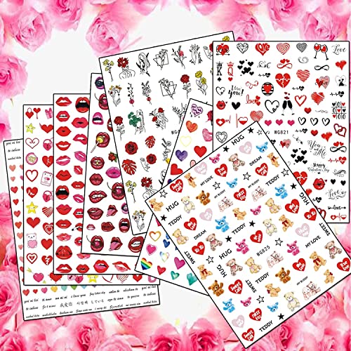 6 чаршафи налепници за нокти од роза и 8 чаршафи сакаат налепници за срцев нокти