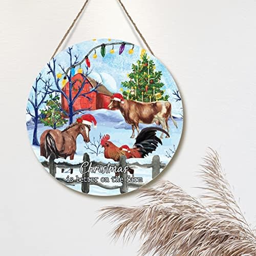 Божиќ е подобар на фармата дрвена уметност плакета зимска снежна црвена штала фарма за животни, декорација на дрво, знак Божиќ, добредојде