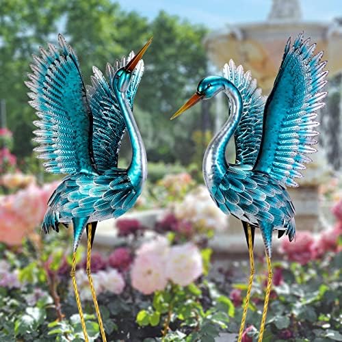 Статуи на кран на градинарски кран за надворешни, сини херски декора градина скулптури, стоечки метални птици дворови уметност за внатрешен двор