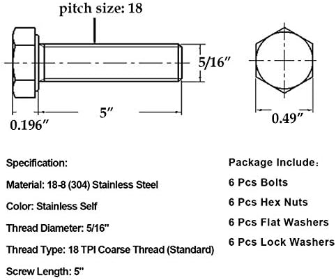 Леванко 5/16-18x5 Не'рѓосувачки челик Хекс-завртки за завртки, ореви, рамни мијалници и комплети за мијалници за заклучување, 18-8 не'рѓосувачки челик, комплетни комплети