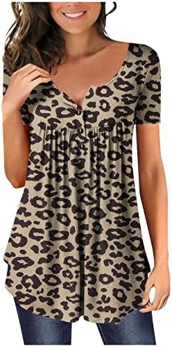 Qtthzzr женски обични туники врвови на обични кратки ракави Хенли v-врат копчиња кошула лабава вклопена блуза врвови