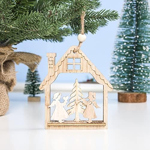 Мал витраж со стакло прозорец виси Божиќ декоративни дрвени шупливи божиќни куќа стил Божиќен елени приврзоци брадеста кристална завеса