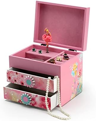 Розова дрвена цветна тема 18 белешка што се врти балерина музичка кутија - многу песни што треба да се изберат - преку очите на