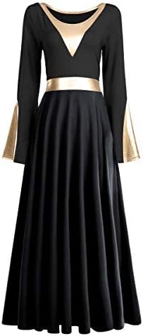 Womenените металик блок во боја литургиски пофалби танцувачки фустан bellвонче со долг ракав лирски наметки за танцување облека