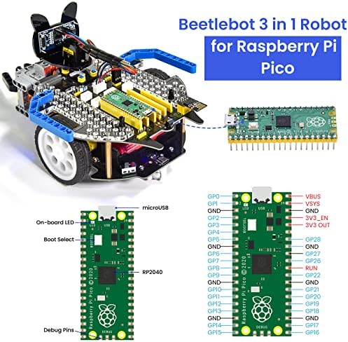 Keyestudio Beetlebot 3 во 1 комплет за стартување на роботи за автомобили за Raspberry Pi Pico, Micropython C+ јазик, Matrix Display,
