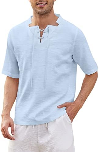 HDDK памучни постелнина против кошули за завој на вратот за мажи, јака од јака хипи врвови лабава лесна летна кошула на плажа