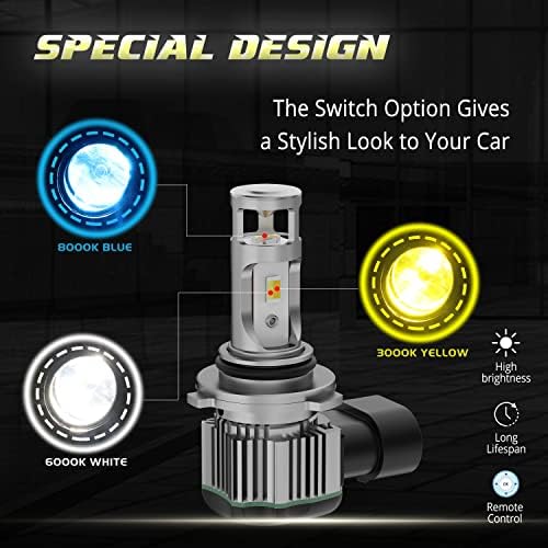 Ала Осветлување Најновите 9006 HB4 LED Прекинувач Светилки за Магла w/Далечински Управувач, 6K Бела/3k Жолта/8K Сина 3-Боја Лесен
