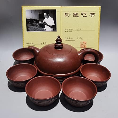 7 Кинески Јиксинг Зиша грнчарски рачно врежано пиштол сет тенџере шест чаши сурова руда црвена кал чајник чај чај канцелариски украси