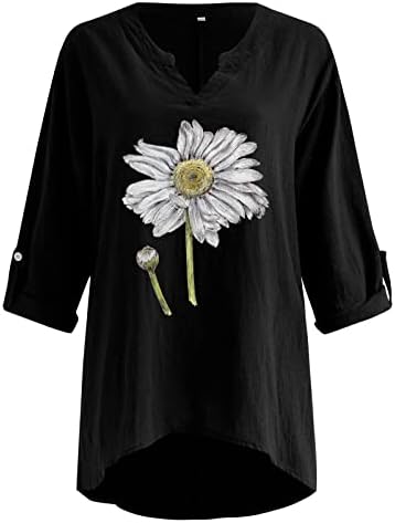 3/4 кошули со ракави за жени, памук постелнина со долги ракави печати V-врат графички џемпери за жени