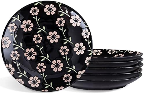 Fanquare 8 инчи јапонски десертни плочи сет од 6, црни порцелански садови за тестенини, розови цветни салата плочи за супа