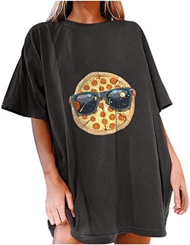 Пица печатена смешна маица женски летен летен случај со кратки ракави со преголем рамо на рамо лабава лабава маичка на врвот
