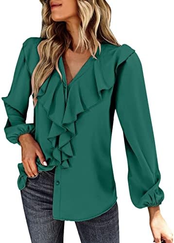 Womenените модна обична цврста боја v копче за вратот со долга ракав чипка кошула горната женска копче надолу работна кошула