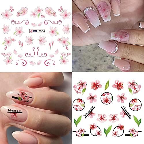 Налепница за уметност со розови цветни нокти, пеперутка Сакура дизајни за нокти, трансфер на вода за нокти, арт -материјали Пролетни