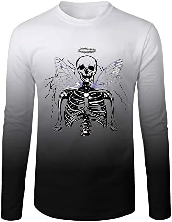 XXBR машки маици за Ноќта на вештерките со долги ракави за печатење на череп, градиент на кошула КТ, мускулатура, тенок фит партиски