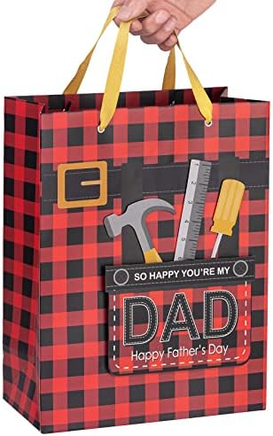 Loveinside црна и црвена карирана торба за подароци на таткото на таткото со ткиво хартија и честитка за ден на татковците, забава