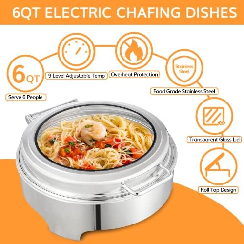 Boomy Lins Electric Chafing Dish 6QT 2-In-1 Roll Round Colution Auto Sutfoft сервери и затоплувачи на не'рѓосувачки челик, сервери и затоплувачи на храна за греење