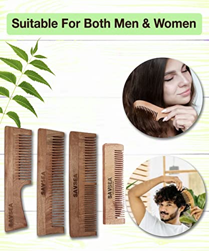 Savsea neem дрвен чешел за мажи и жени пакет од 4 комбо и бамбус пупки од уво од памук 480 брои