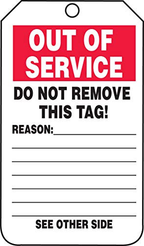 Accuform 100 ознаки „надвор од услугата“ од ролна, направена од САД, PF-картичка 6,25 x 3, црвена/црна на бела боја, tar714