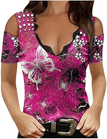 Жените Лето Секојдневен Блузи Ладна Рамо Краток Ракав Секси V Вратот Маица Цветни Печати Графички Кошула Блуза Блуза
