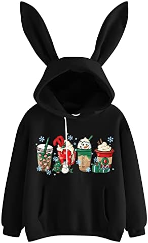 Shusuen Women Christmas Cultul Bunny Ear Doosies Долги ракави Зајаци врвови џатк јакна со џеб со џеб