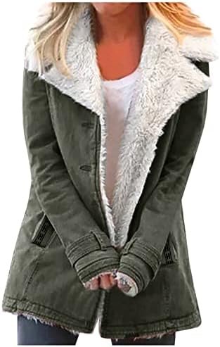 Зимски топли палта за жени задебелување на нејасна јакна од руно копче Lapel со надворешна облека со џебови