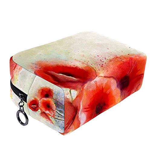 Акварел Црвен Афион Цвеќиња Сочинуваат Козметика Торбичка Торба Случај Мултифункционален Пренослив Организатор За Тоалети За Прибор
