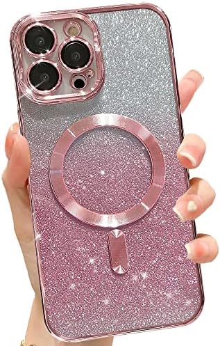 Duzdxn Компатибилен со Iphone 13 Pro Max Телефон Случај Магнетни За Жени Девојки Мода Розова Сјај Покрие Луксузни Позлата Блинг Заштитни