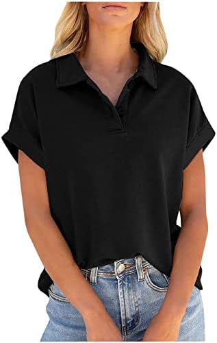 Копче V вратот Поло кошула за жени опуштени стрии за кратки ракави, обични деловни врвови, канцеларија лето плус големина обична