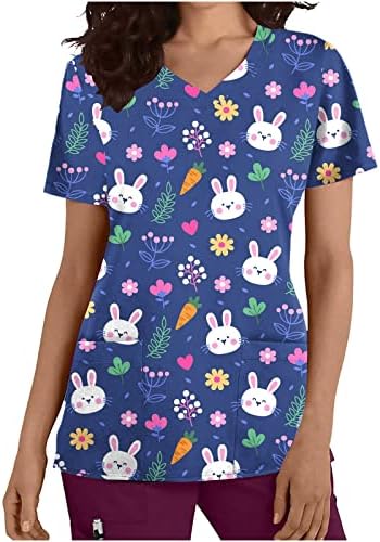 Womenенски Велигденски чиста кошули со џебови зајаче јајца графички работни униформа маички врвни секси V вратот пулвер маици