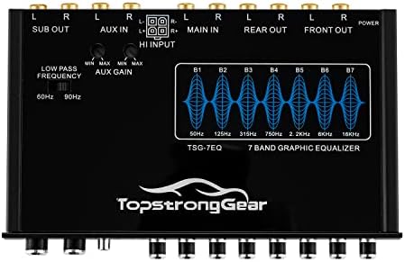 Topstronggear TSG7EQ 7-бенд Аудио графички еквилајзер со предниот влез од 3,5 mm AUX, излези со висок напон RCA и влезови на звучникот
