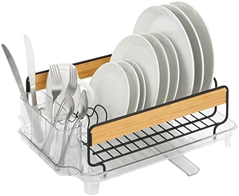 Mdesign Голема кујна countertop, решетката за сушење на мијалник за миење садови со акценти на бамбус дрво - отстранлива фиока за