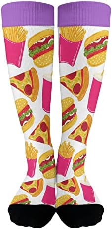 Чорапови на екипажот Хамбургер Чорапови за чипс за купови за купови за момчиња, трендовски хамбургер високи чорапи за чизми за мажи