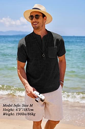 Коофанди машка памучна постелнина Хенли кошула со кратки ракави хипи -обични маици со плажа со џеб